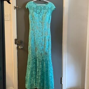 Wedding guest prom evening mermaid fairy beaded maxi Turquoise Lace Dress